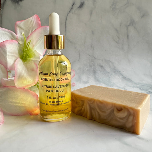 Gotham Soap Company  Citrus Lavender Patchouli Luxe Duo body oil in glass bottle and bar of soap
